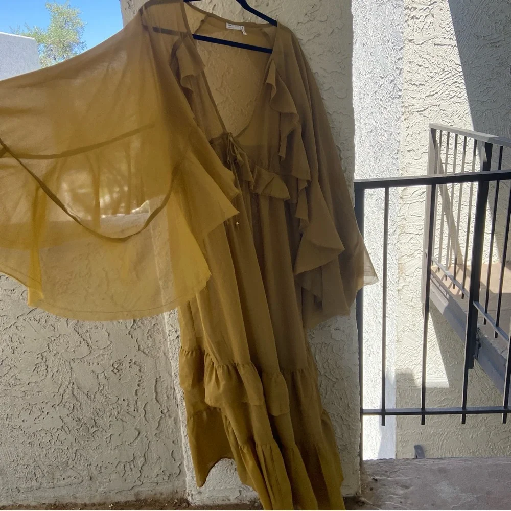 ASOS Sheer Tiered Ruffle Maxi Dress Mustard Bell Sleeve Raw Hem Size 10 - Picture 4 of 8